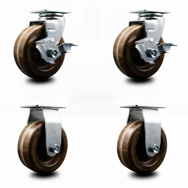 5 Inch High Temp Phenolic Caster Set with Roller Bearings 2 Brakes 2 Rigid SCC